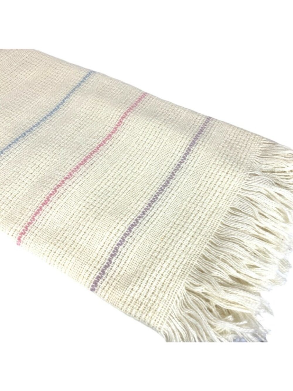 Vintage Faribo Lightweight Acrylic Blend Throw Blanket Cream Muted Stripe Fringe - Picture 2 of 7